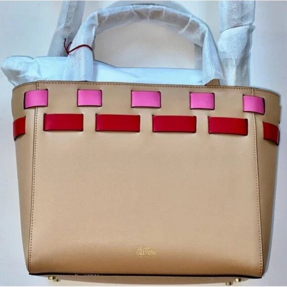 NWT Frances Valentine Henry Basketweave Tote: Natural (Tan, Pink, Red) Crossbody - Picture 6 of 9
